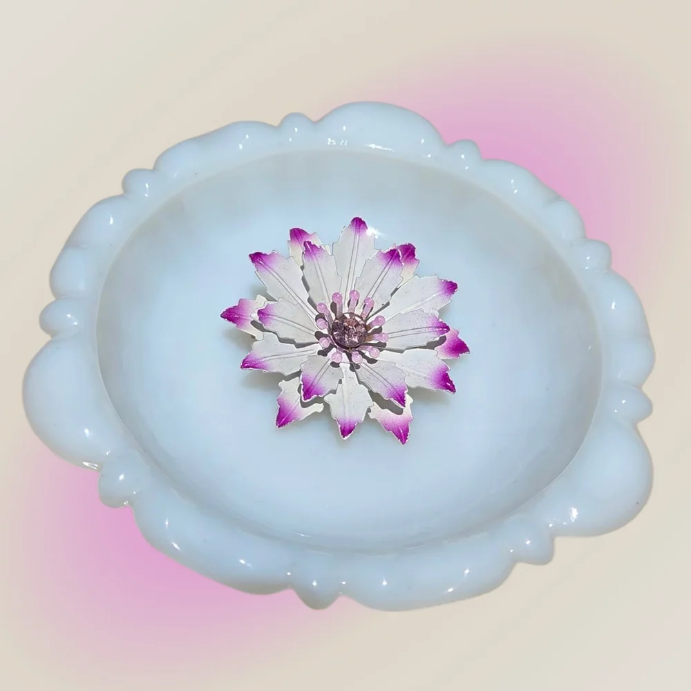 Vintage White and Purple Enamel Flower Brooch